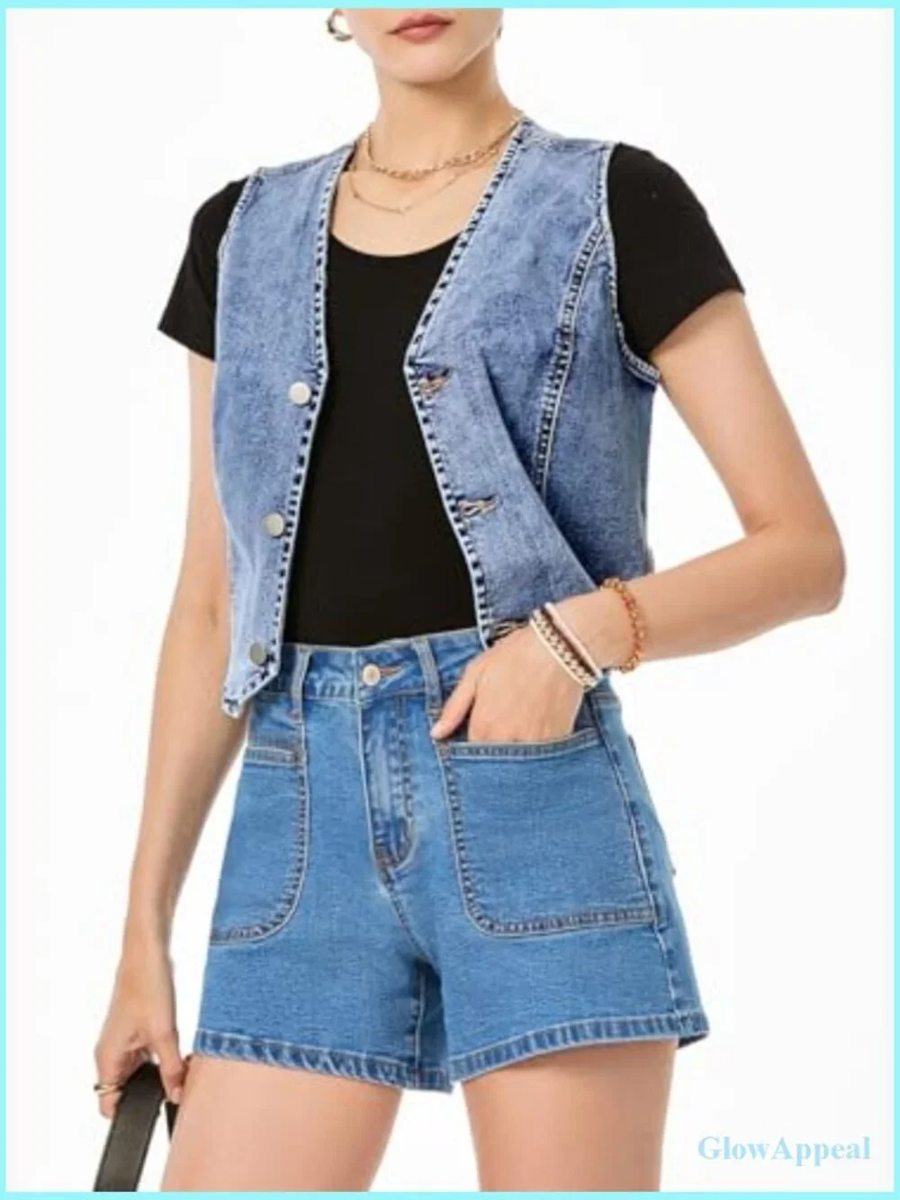 Sleeveless V Neck Crop Denim Vest Button Down Waistcoat Summer Outfit